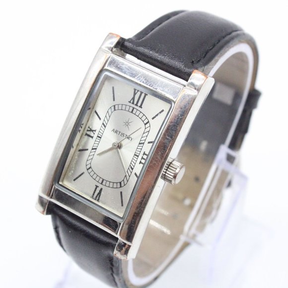 Vintage Artistry Watch Mens Silver Tone Stainless Steel Black Leather Band - Picture 3 of 8